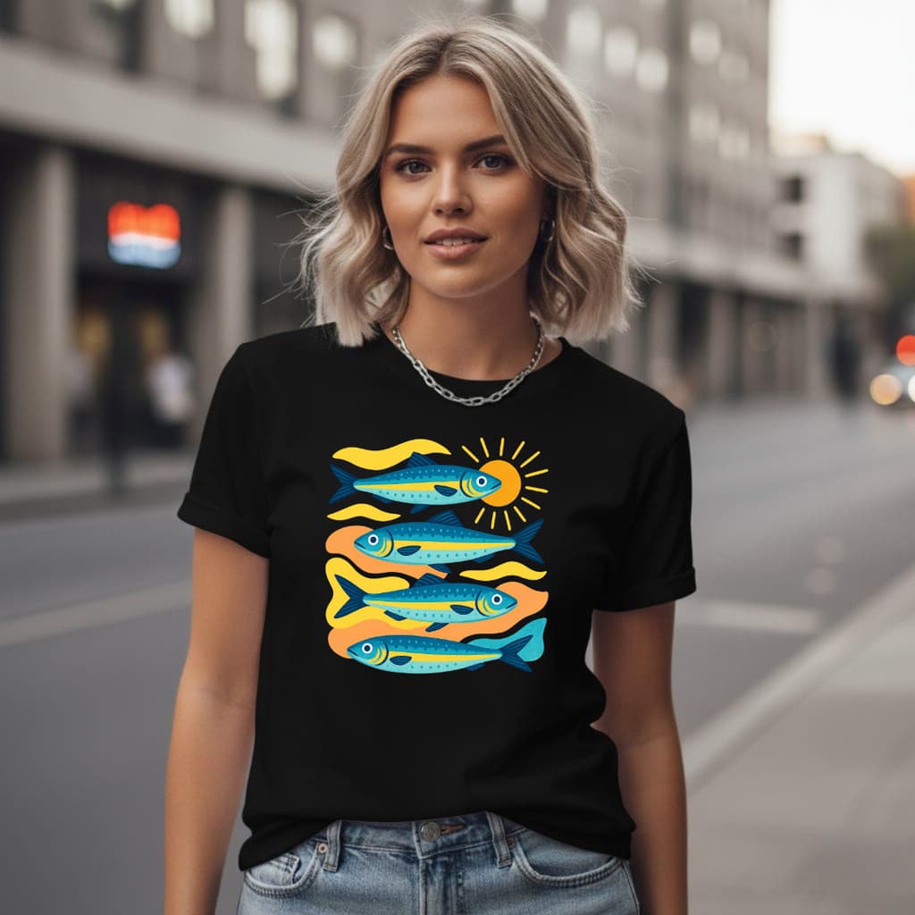 T-Shirt Feminina Sardinhas Praia Verão Camiseta Feminina Peixe Praia Verão 100% Algodão Estilo e Conforto