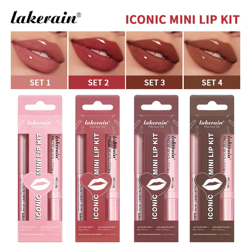 Conjunto de brilho labial de três peças Lakerain pequeno conjunto de brilho labial portátil