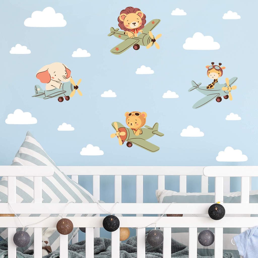 Adesivo de Parede Infantil Animais Aviadores e Nuvens - 19 adesivos