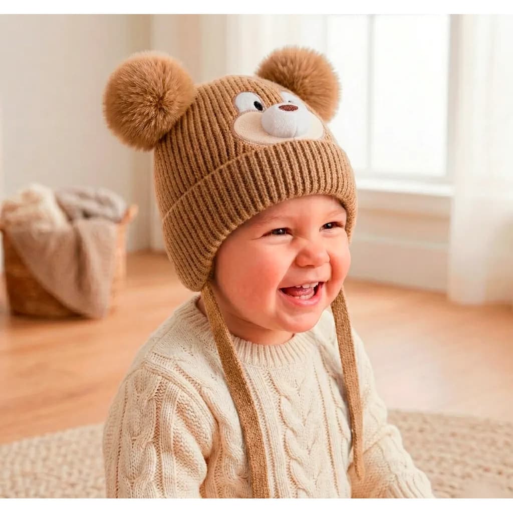 Touca Infantil Ursinho Com Pompom Peluciado Inverno 1976