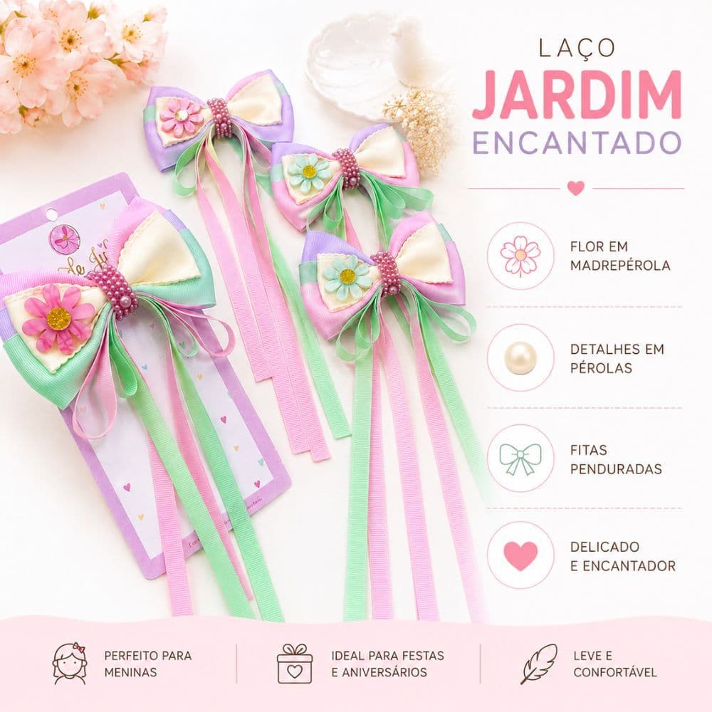 Laço Infantil Jardim Encantado Delicado Com Flor Madrepérola Pérolas E Fitas Penduradas Menina Moça