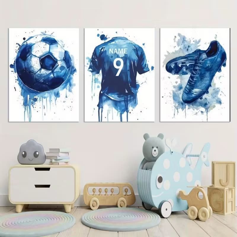 Quadro Decorativo Bola Chuteira e Camisa de Futebol Trio Aquarela Com Seu Nome e Numero