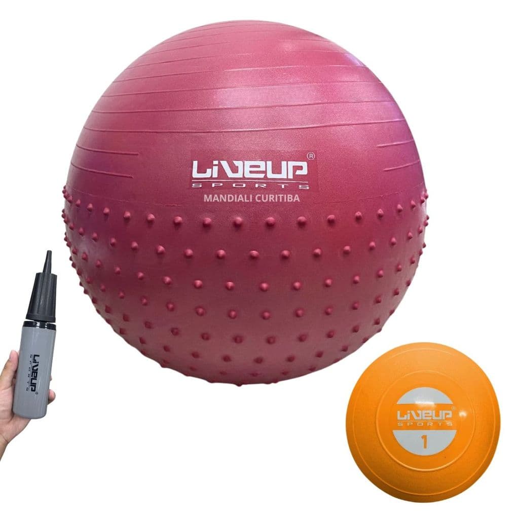 Kit Bola Pilates 65cm Suíça Massage Ball Textura Cravo + Mini Bomba + Mini Bola 1kg