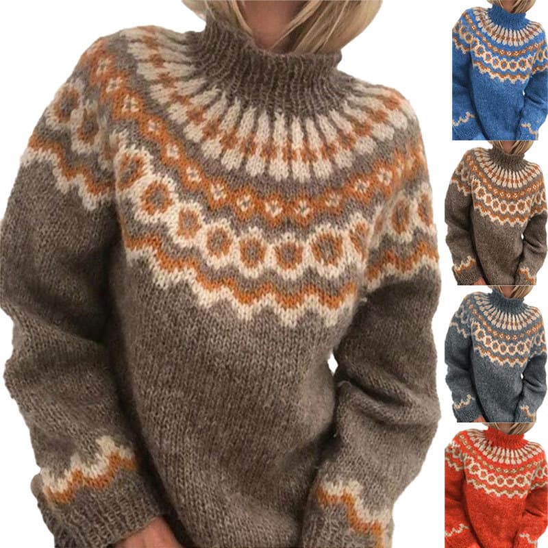 Outono inverno novo estilo europeu americano feminino gola alta pulôver agulha grossa Jacquard camisola feminina topo de