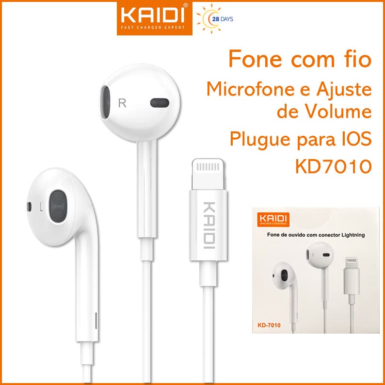 Fone de ouvido com fio auriculares com conector Lightning iPhone Microfone e Ajuste de volume kaidi kd-7010