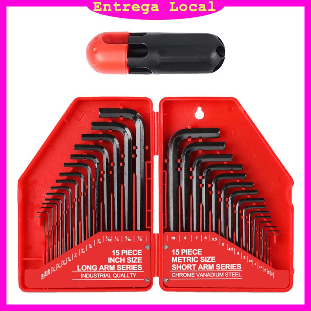 Kit de chave allen de 30 peças, incluindo chave allen combinada métrica e imperial, com alça em T