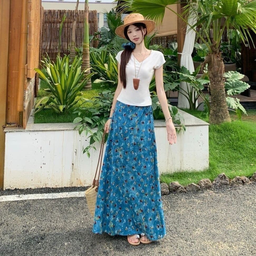 Verão novo estilo azul Floral pintura a óleo saia de renda feminina simples fino ajuste mais magro olhar com decote em V