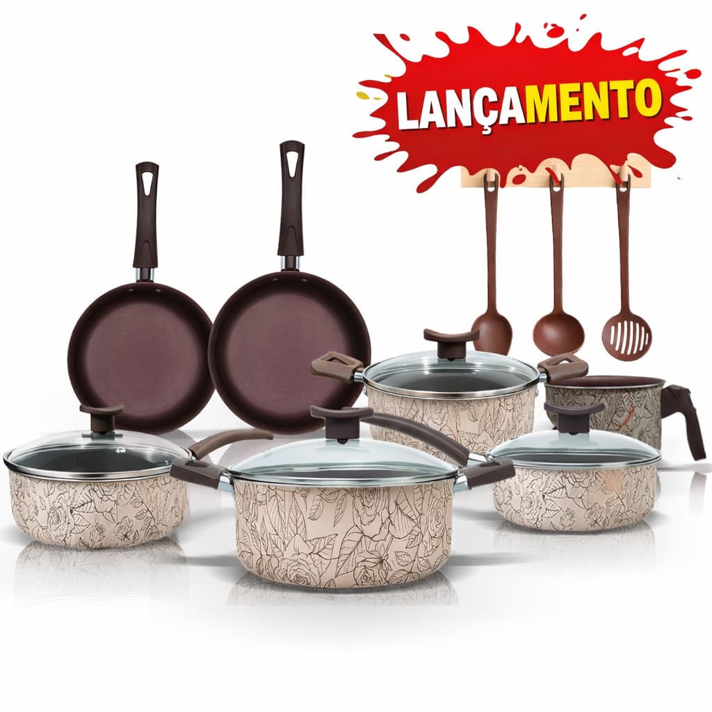 Jogo de Panelas Antiaderente Peças - Com Tampas de Vidro e Utensílios, Cabos Térmicos