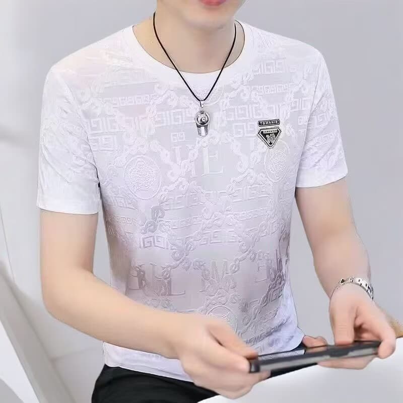 2025 verão novo estilo masculino gelo seda manga curta camiseta na moda masculina meia manga camiseta padrão escuro Jacq