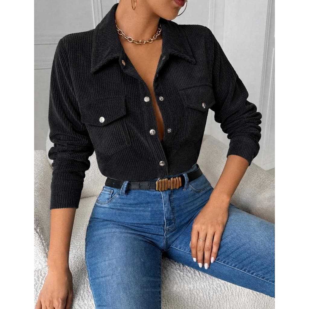 Camisa Feminina Social Manga Longa Veludo Cotelê Tendência Moda Inverno