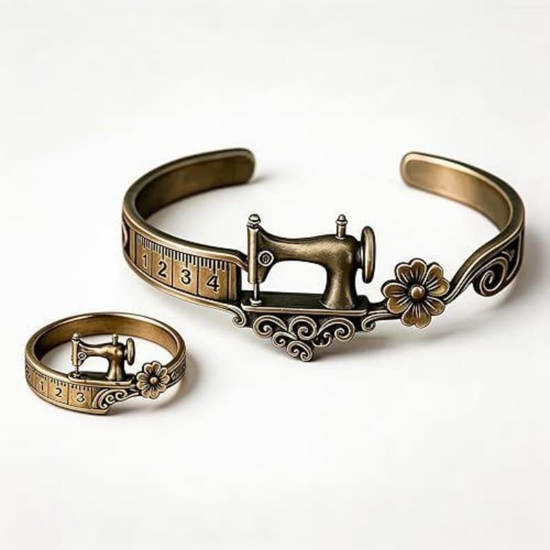 Conjunto De Joias Para Amantes De Costura – Pulseira E Anel Com Design De Máquina , Presente Vintage Costureira Ou Alfai