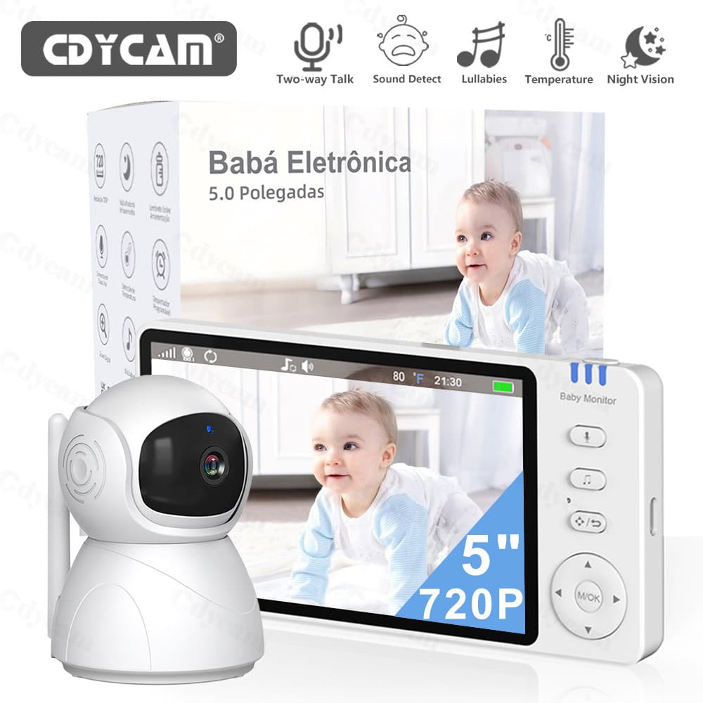 Novo 5" Babá Eletrônica Câmera, Bebê Câmera Monitor Vídeo, 720P HD Monitor de Bebe, Áudio de 2 vias,Visão nocturna
