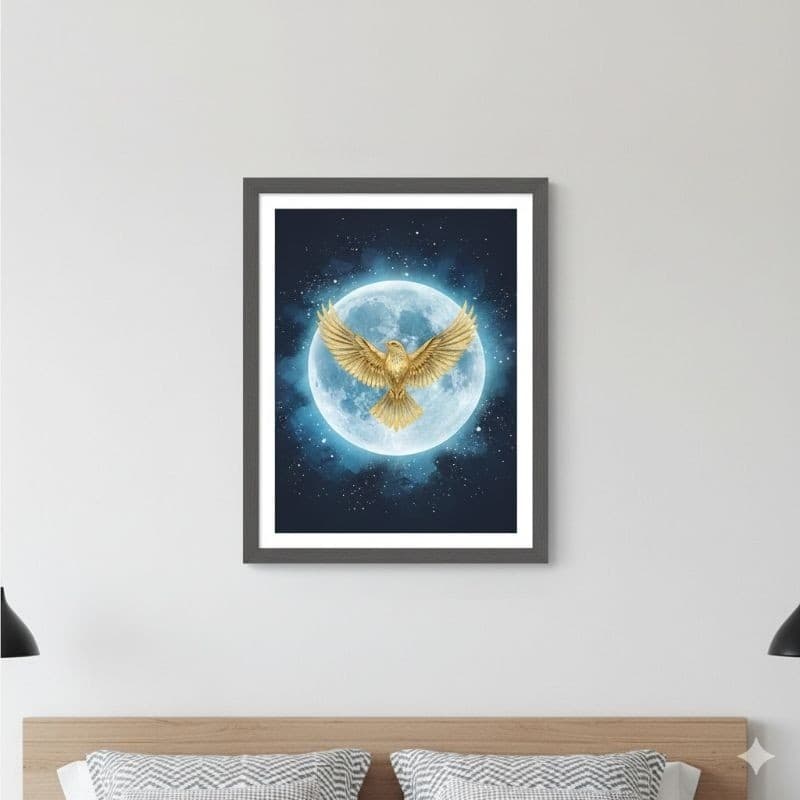 Quadro Decorativo Lua Pássaro Dourado