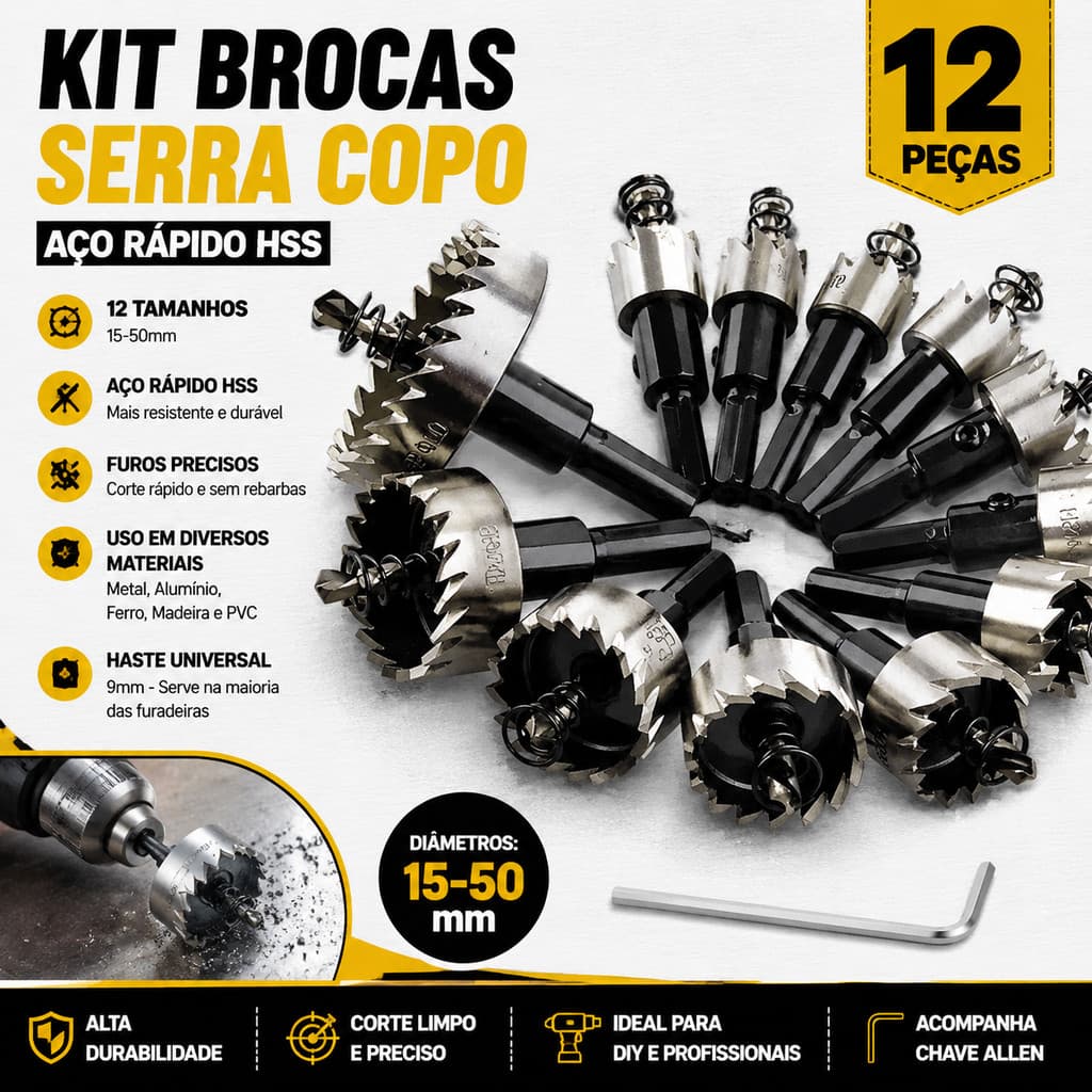 Kit 12 Brocas Serra Copo Metal HSS 15-50mm, Perfurador para Aço, Alumínio, Ferro e Madeira com Chave Allen