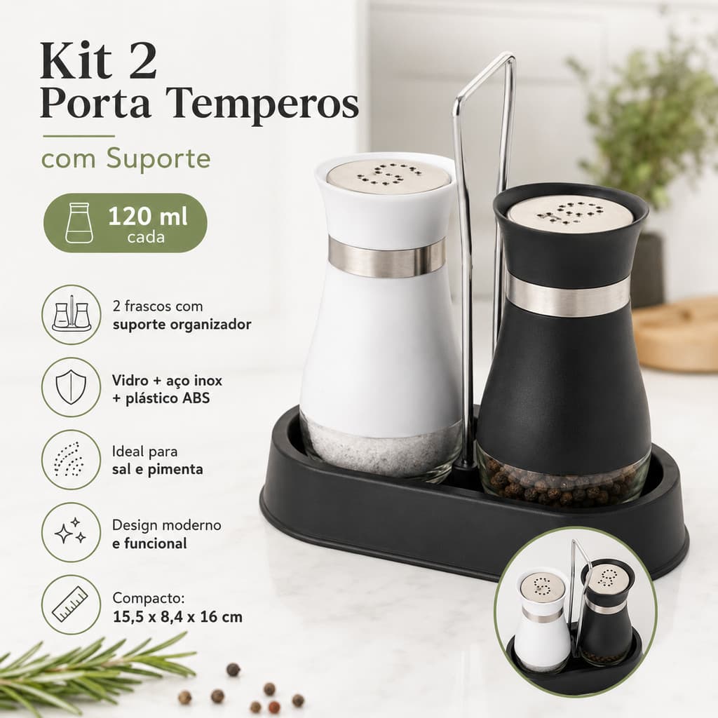 Kit 2 Porta Temperos Sal e Pimenta 2 Peças 120ml com Suporte Organizador de Bancada Vidro