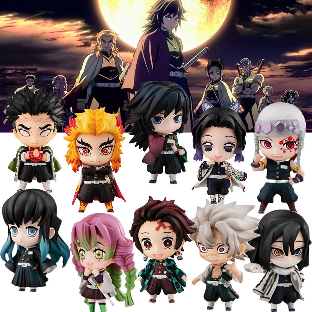 Conjunto Demon Slayer: Kanjirou e os Nove Pilares (Os Nove Mais Fortes) - Kuzui, Tanjiro, Shinobu, Rengoku