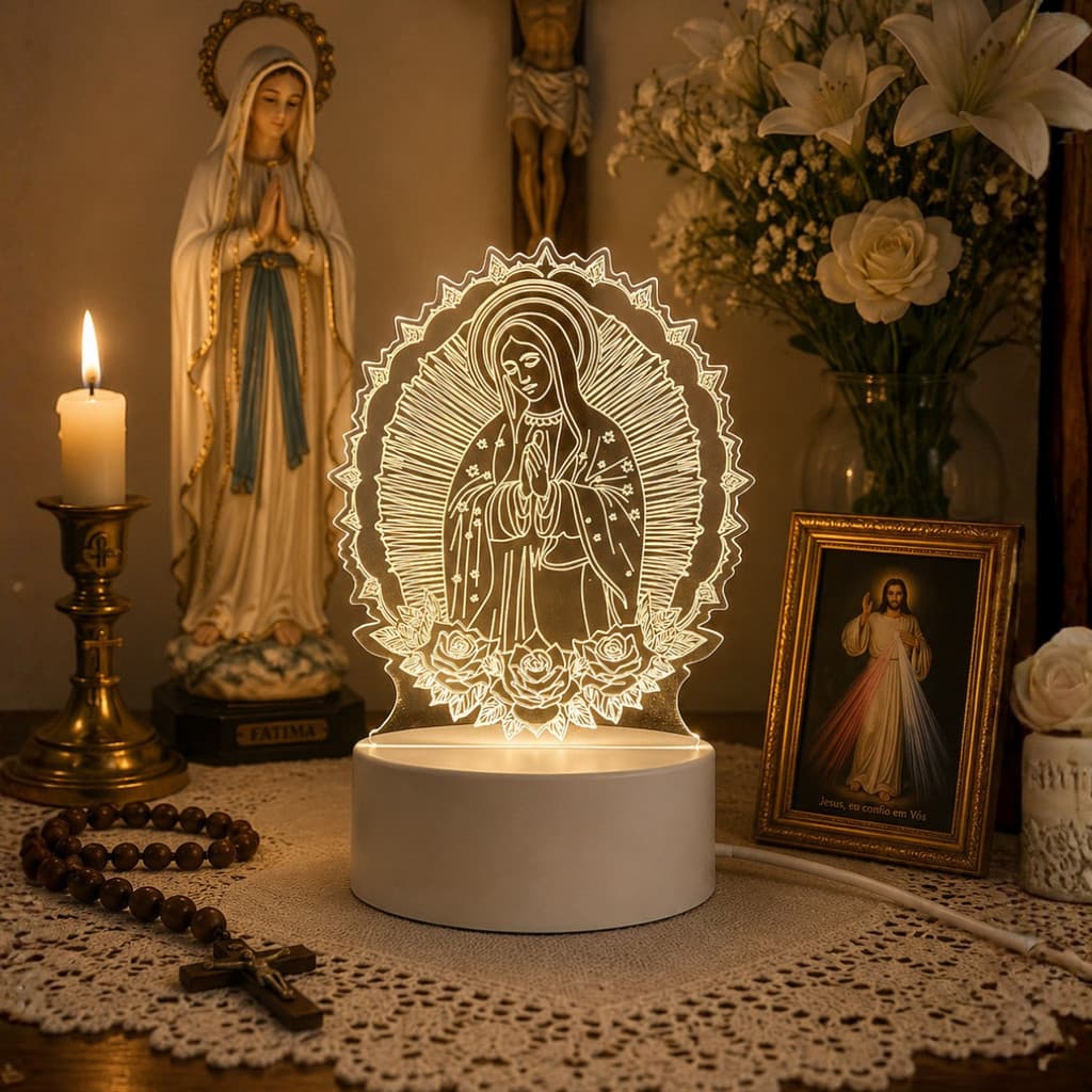 Abajur Religioso Luminária Nossa Senhora 3D LED Luz Noturna Decorativa para Quarto E Mesa
