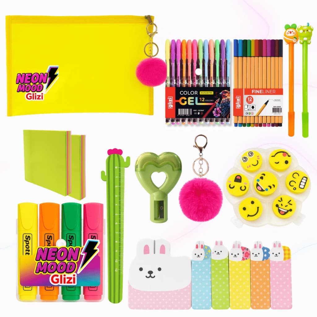Kit Escolar Glizi Neon Mood - Estojo Neon + Canetas + Marca Texto + Itens Diversos Neon