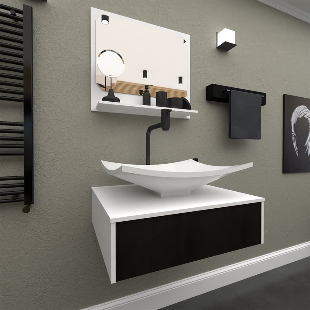 Gabinete Pia Para Banheiro Lavabo Com Cuba + Espelheira Madri 50 Cm Preto