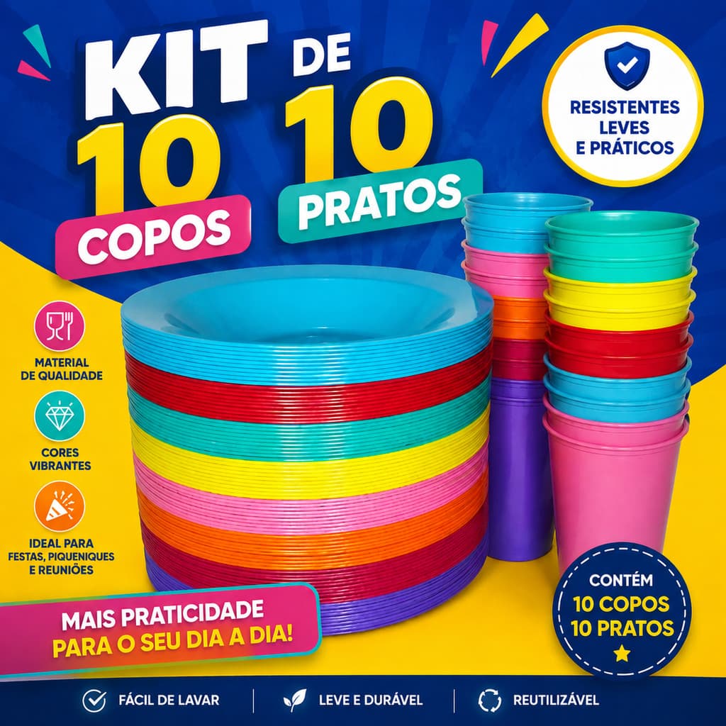 Kit 10 Copos 350ml + Pratos Fundos Redondos de Plástico Festas, Merenda, Escola, Creche Crianças