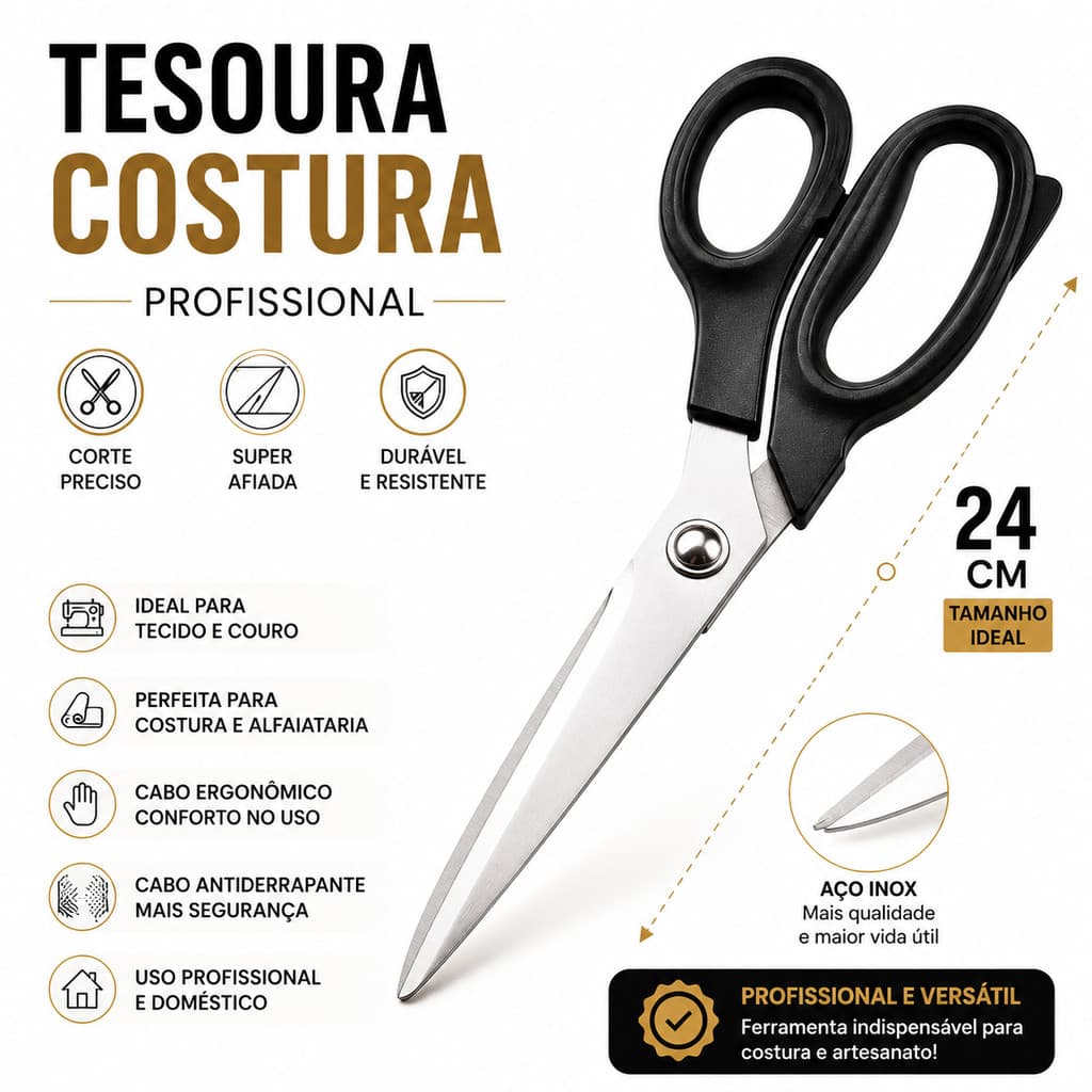 Tesoura Multiuso 24cm Aço Inox Cabo Anatômico Corte Tecido Papel Costura