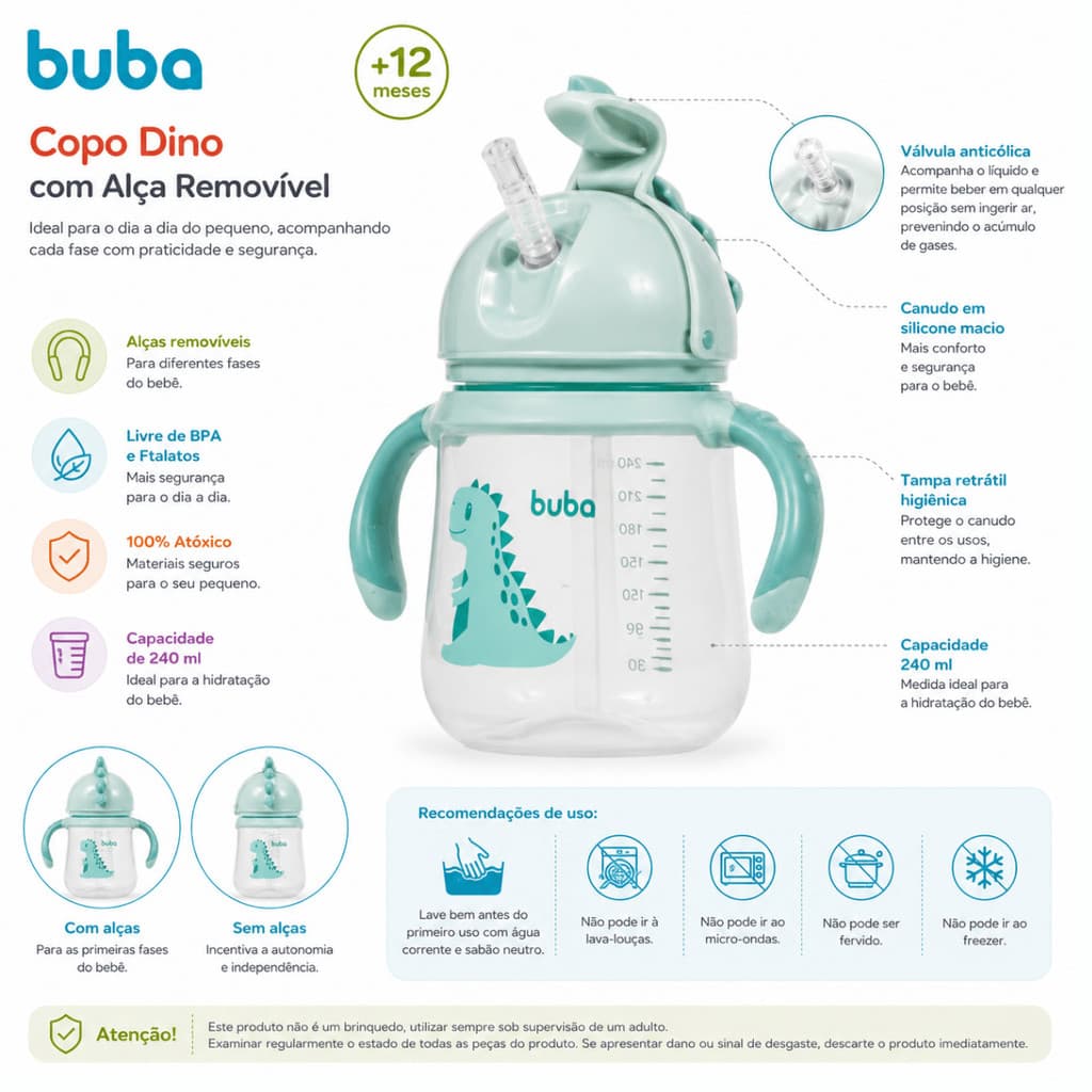 Copo Transição Dino Para Bebe Criança Com Canudo Silicone Treinamento Valvula Buba