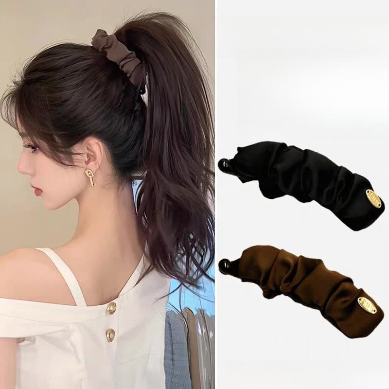 Clipe de Banana plissado de cetim, etiqueta dourada, clipe Vertical, cabeça traseira, rabo de cavalo alto, grampo de cab