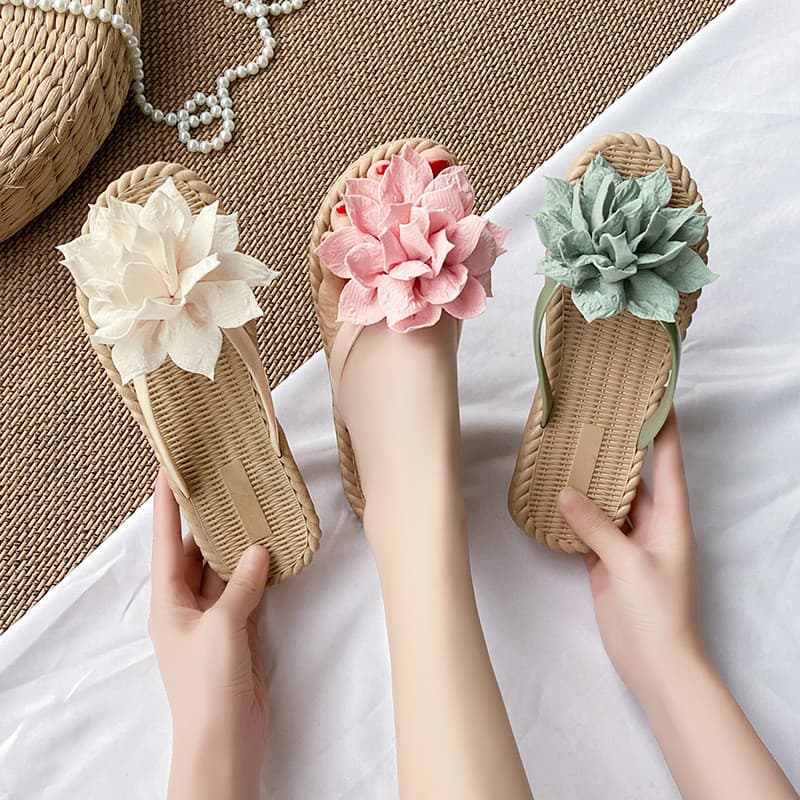 Sandálias de flores chinelos femininos desgaste exterior ins verão novo estilo All-Match plana Flip-Flops antiderrapante