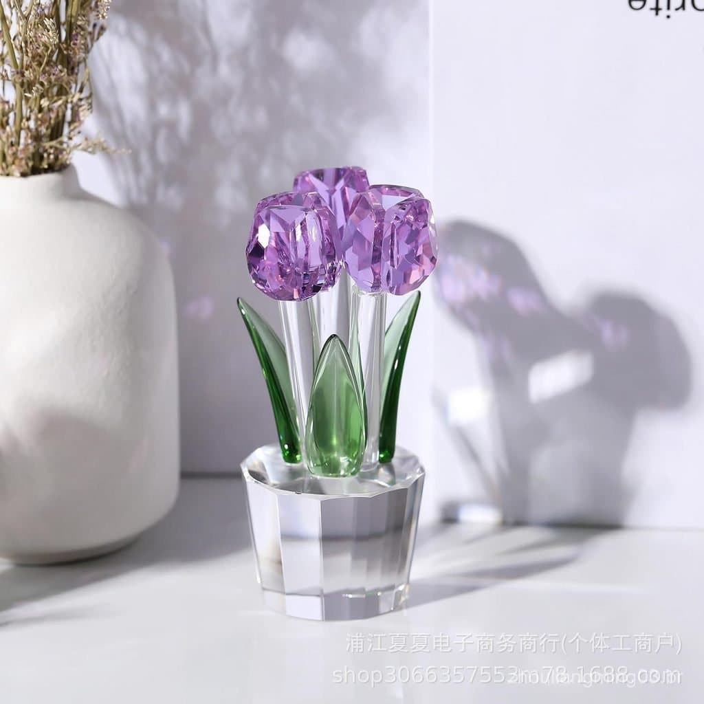 Estátua de Flor de Tulipa em Cristal, Decoração Colecionável, Buquê de Cristal Rosa, Ornamento para Aniversário