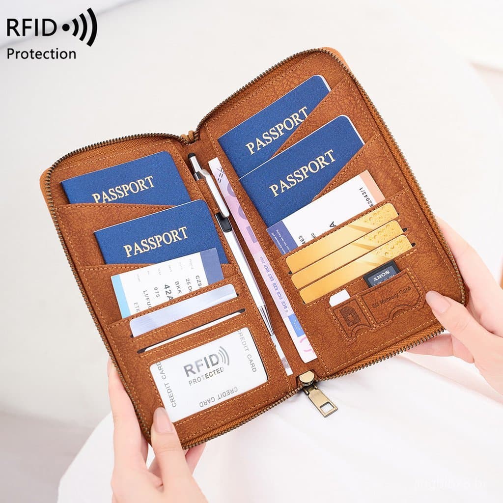 Porta-passaporte com zíper longo, bolsa multifuncional para armazenamento de passagens de viagem e documentos.