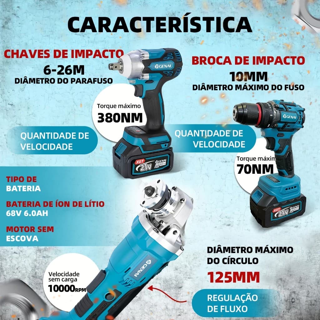 【Genai】21V 4 em 1 Kit Multifuncional+4 baterias Chave de impacto chave de fenda esmerilhadeira angular