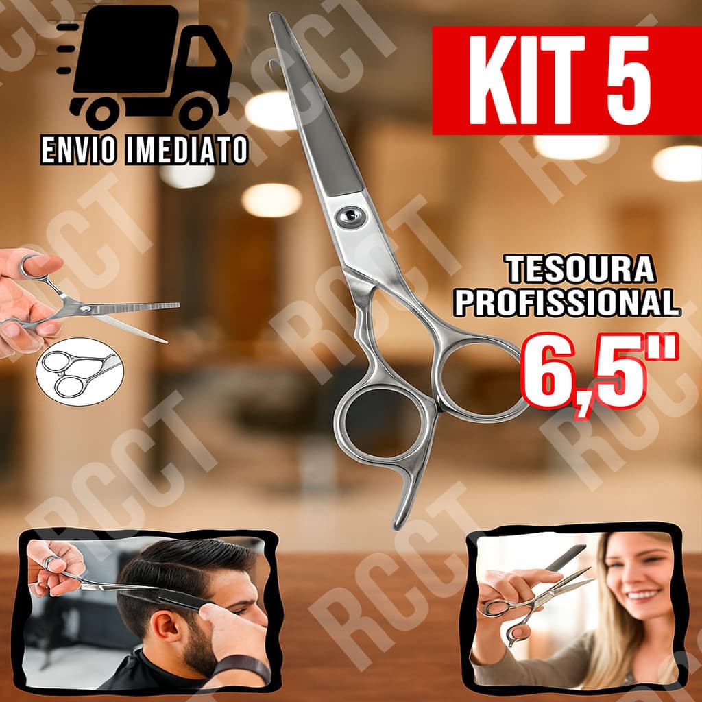 Kit 5 Tesoura Profissional 6,5" Para Corte de Cabelo Barbeiro e Salão