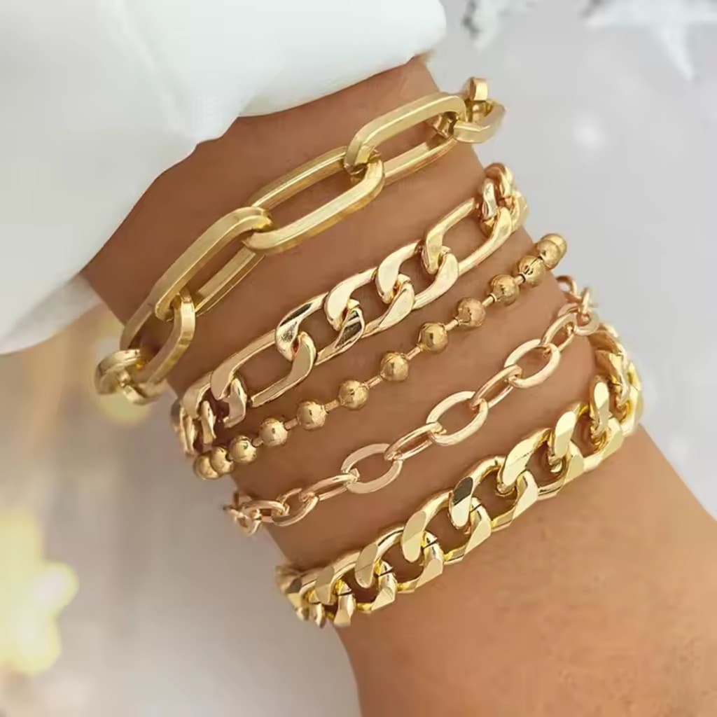 Conjunto com 5 Pulseiras Femininas Douradas Estilo Corrente Ajustáveis