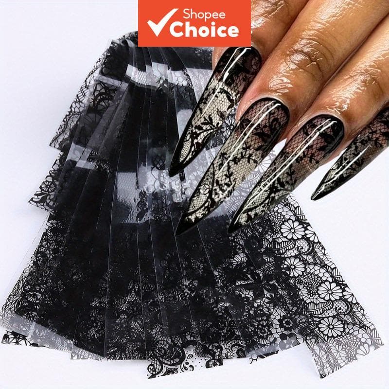 Conjunto de 10 Folhas de Transferência para Unhas em Renda Preta e Branca, Adesivos de Transferência de Flores de