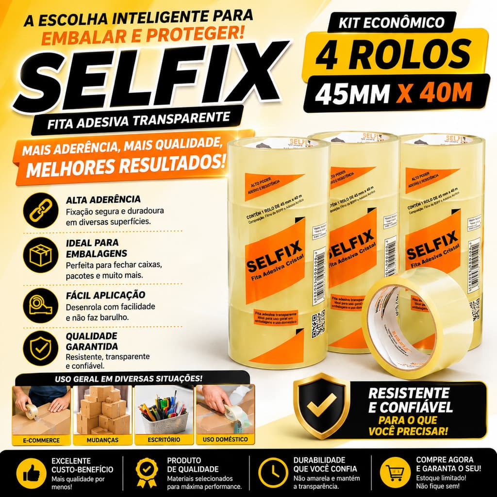 KIT 4 FITAS ADESIVAS TRANSPARENTES SELFIX 45MM X 40M