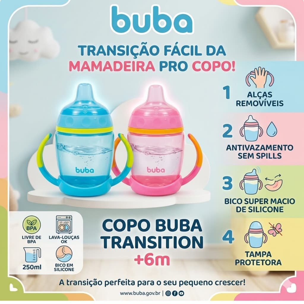Copo de Treinamento Infantil com Alça e Bico de Silicone para Bebê Introdução Alimentar Menino Menina Buba