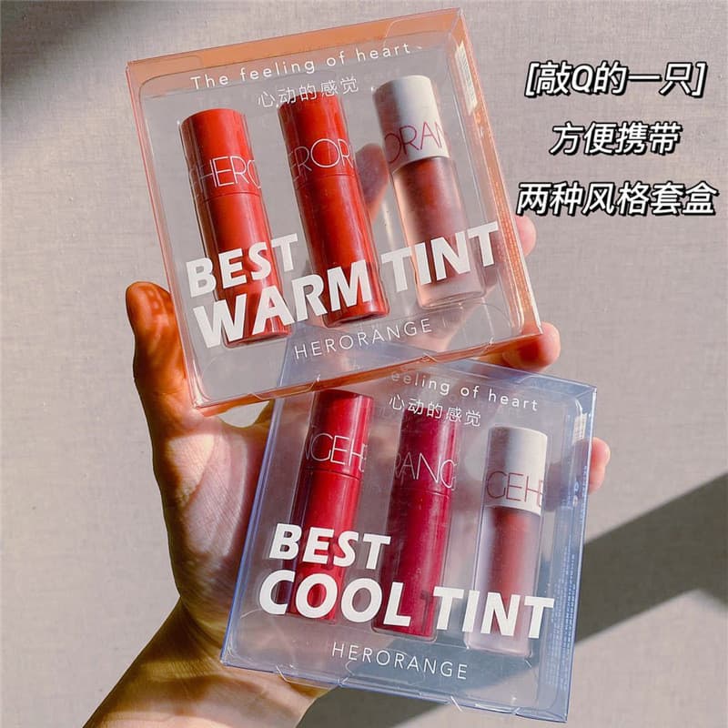 HERORANGE Novo Produto Conjunto de Esmalte Labial Mini Três Peças Fosco Clareamento Diário Cor Fresca Conjunto de Esmalt