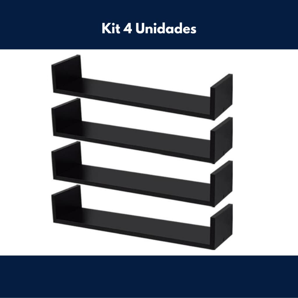 Kit 4 Prateleiras Nicho em U Preto Multifuncional 60x15x10 – Suporte para Livros Jogos Decoração