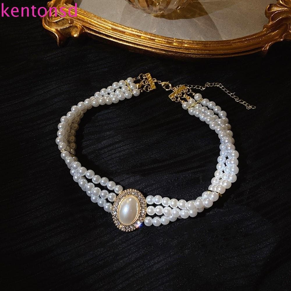 Colar De Pérolas Retrô KENTONSD , Pingente De Pérola Multicamadas Com Corrente De Clavícula , Gargantilha De Strass