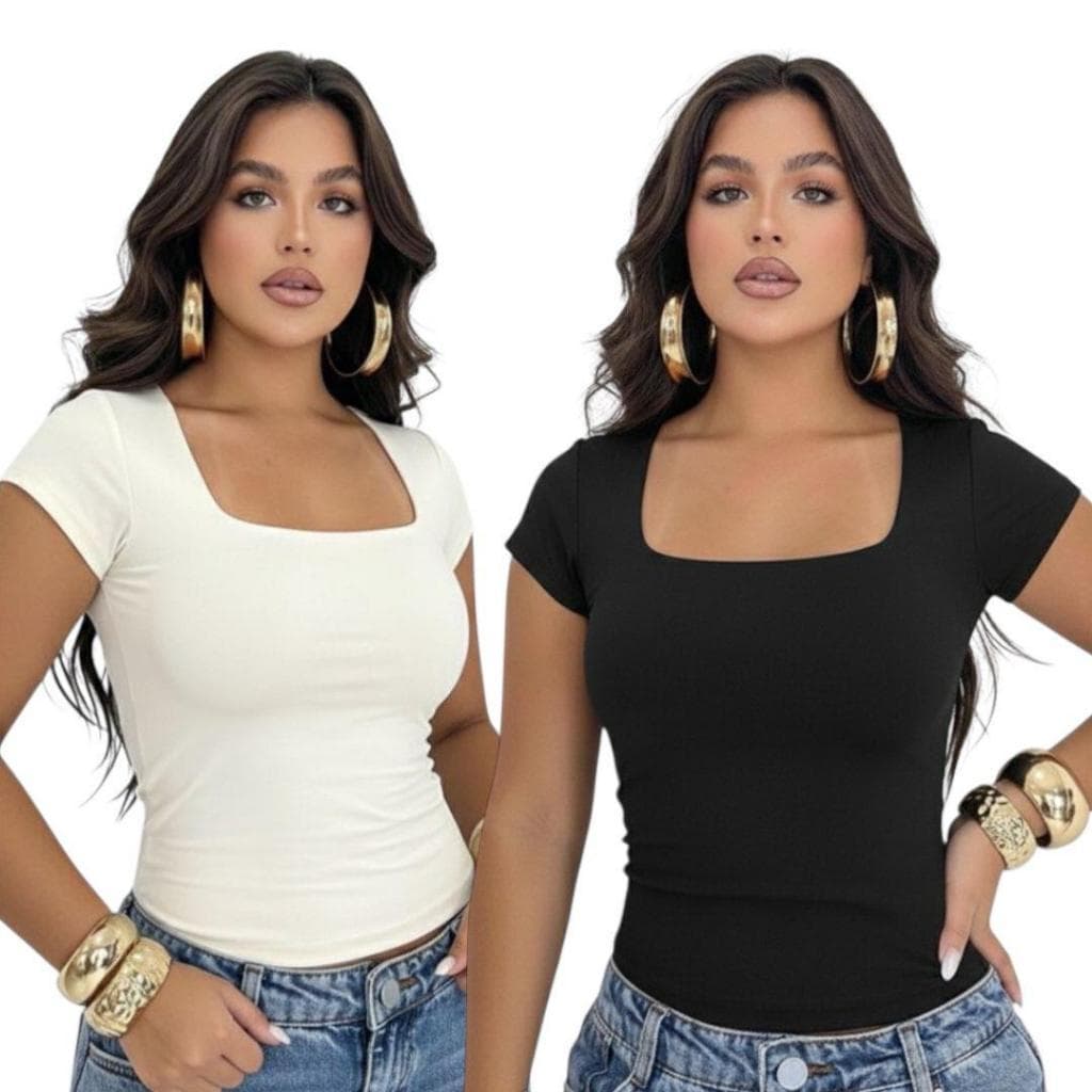 Kit 2 Blusinha Manga Curta Decote Quadrado Forro Duplo Malha Suplex Premium Camiseta Blusa Tendência