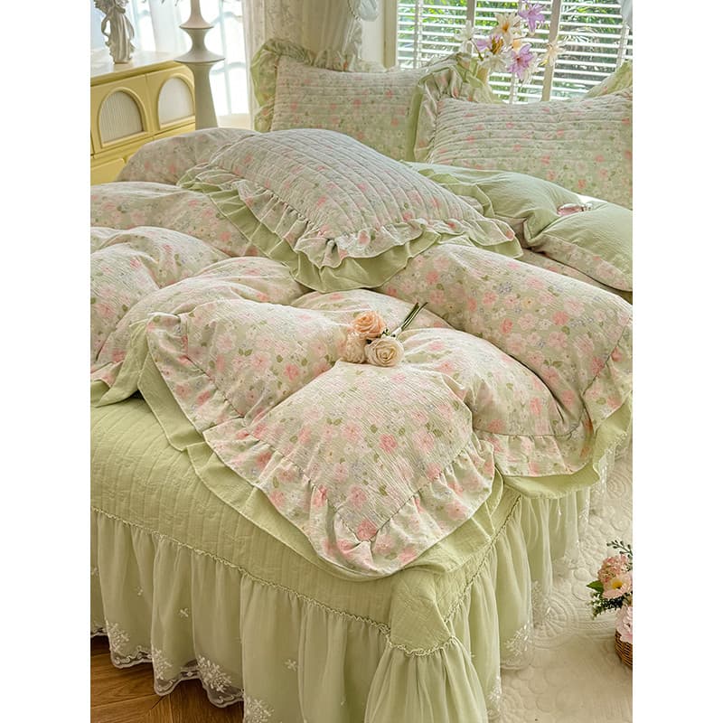 Langsha Influencer Estilo Princesa Algodão Lavado Engrossado Capa de Cama Acolchoada Conjunto de Quatro Peças Menina Cor