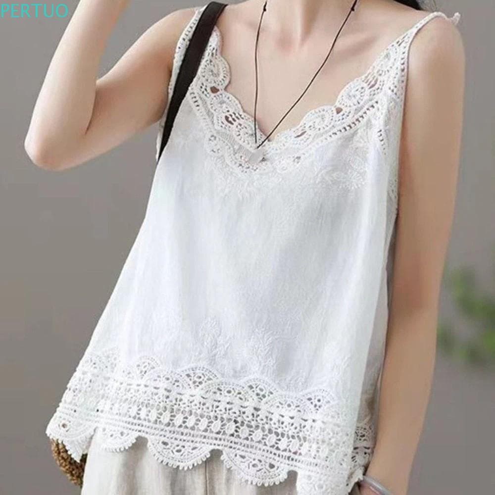 Colete Estilo Boêmio PERTUO , Camisola Solta De Verão Com Bordas De Renda , Roupa De Praia De Algodão Doce Decote Em V S