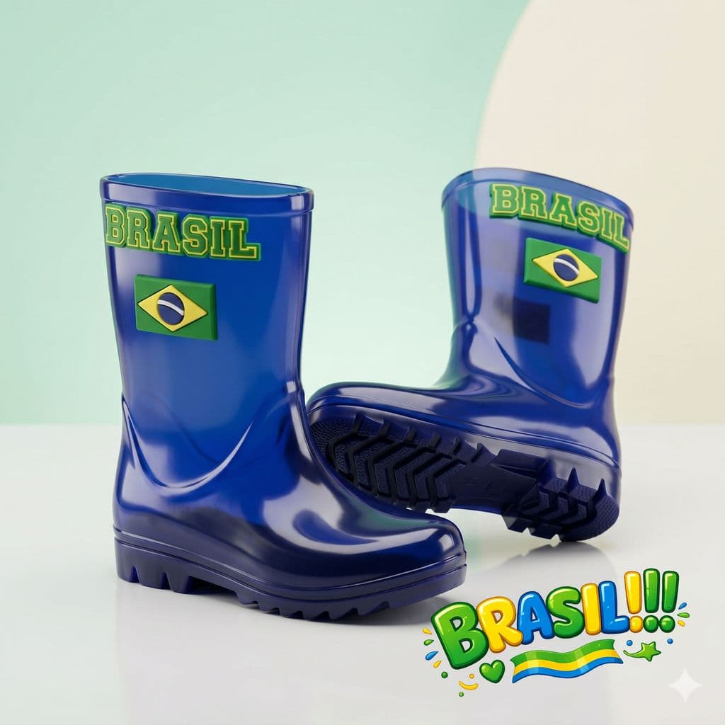 Galocha Infantil Copa 2026 Brasil - Bota de Chuva Azul Impermeável Antiderrapante Criança
