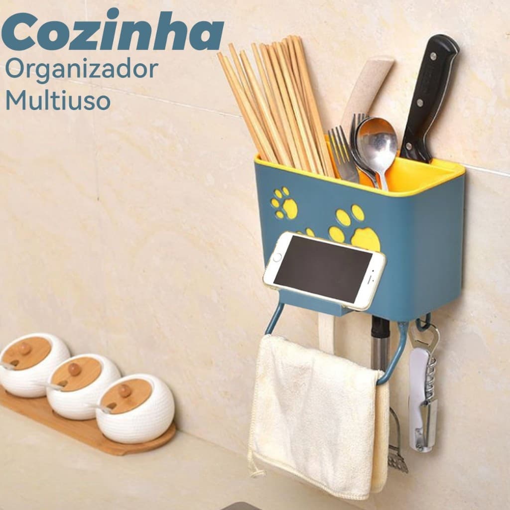Organizador de Cozinha Multifuncional, Suporte para Celular, Porta Utensílios e Escorredor Prático