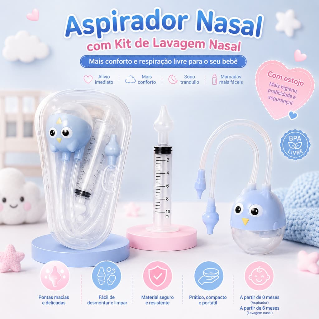 Kit Higiene Nasal Infantil Aspirador e Seringa Para Bebê