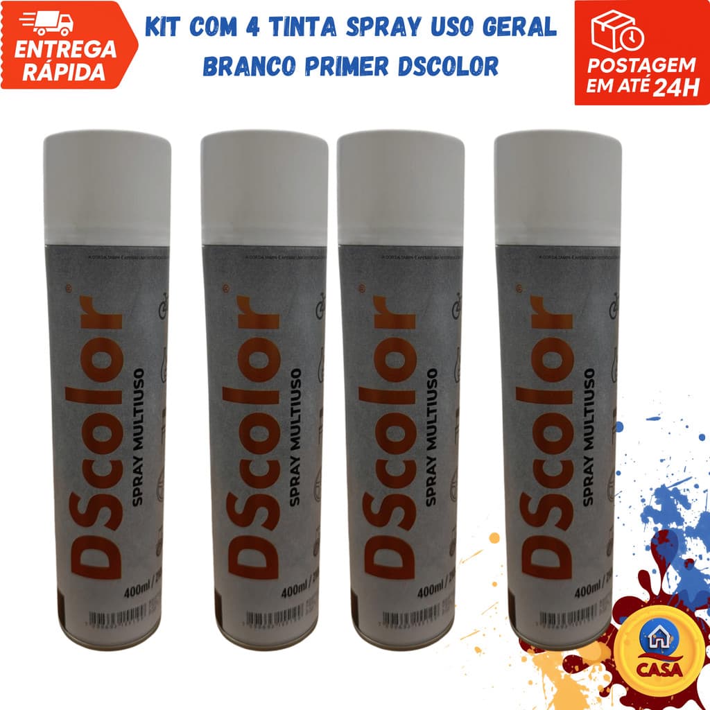 Tinta Spray Uso Geral Branco Primer DSColor - Kit com 4 unidades