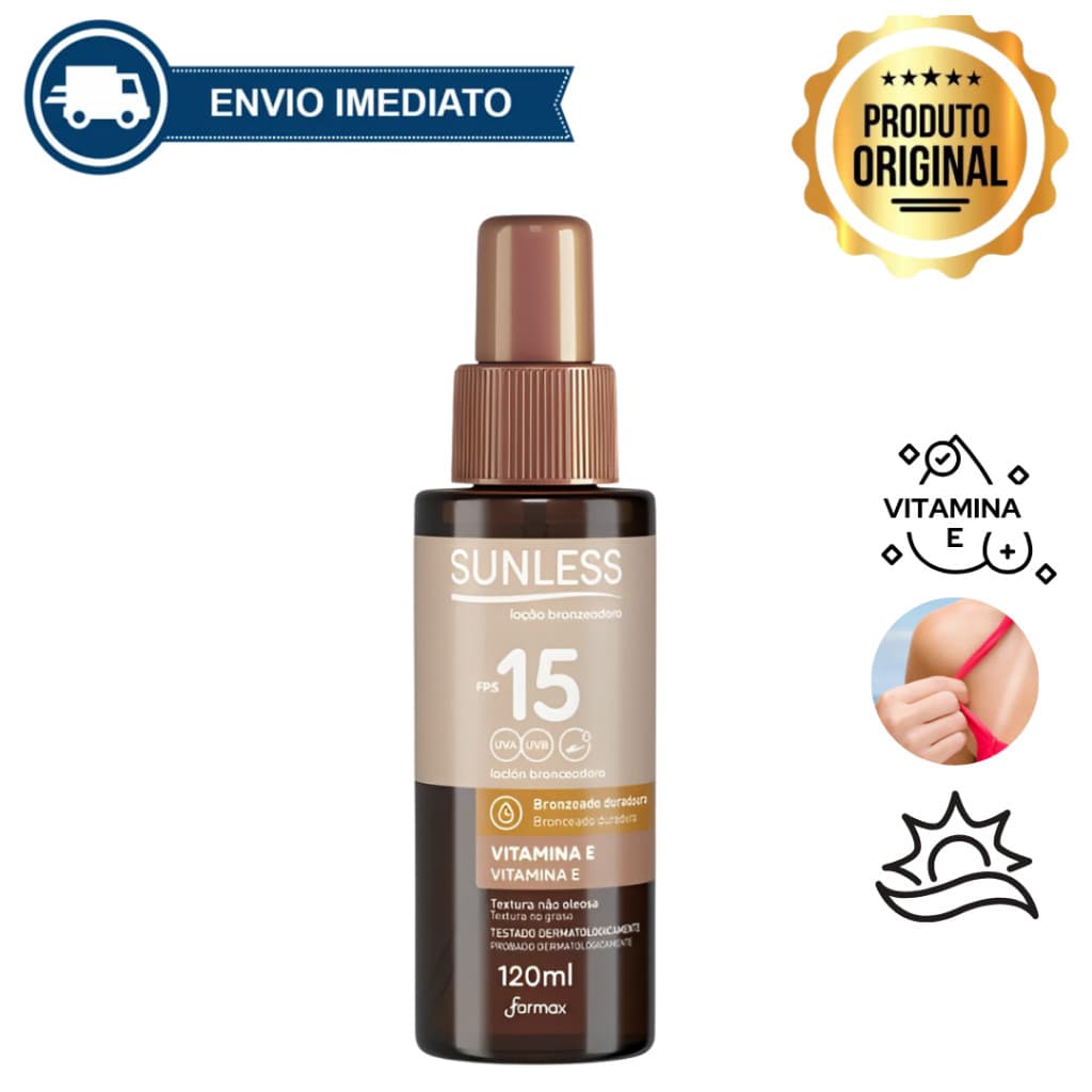 Loção Bronzeadora com Vitamina E FPS 15 Sunless 120ml Proteção e Bronzeado Duradouro Envio Imediato