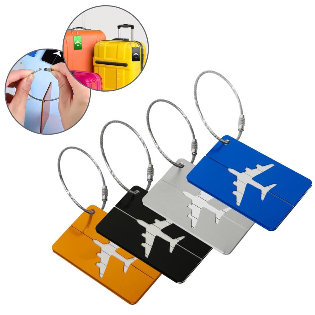 Kit 4 Tag Identificador De Mala Em Alumínio Cabo Aço Resistente Seguro Viagens