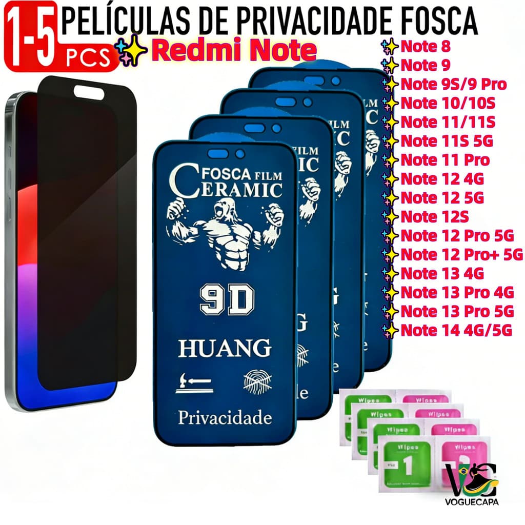 5 Peca Películas Privacidade Privativa Xiaomi Redmi Note 15 14 13 12 11 8 12S 9 10 10S 11S 9S Pro Plus 4G 5G Anti Spy