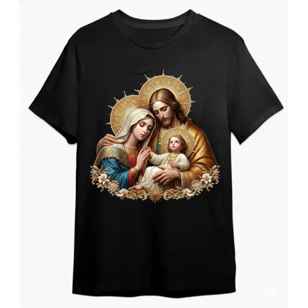 Camiseta Religiosa Feminina Plus Size Em Algodão Com Estampa Da Sagrada Família E Detalhes Florais